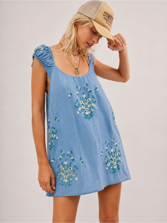 Free People Dresses & Skirts - Free People Wildflower Embroidered Mini Dress Copen Blue Linen Blend Medium